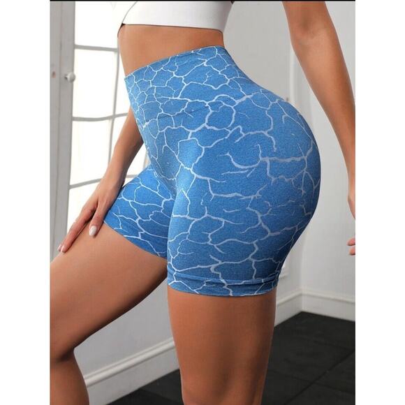 Yoga Trendy Allover Print Wideband Waist Sports Short Sz Large Athleisure Biker‎ - Picture 3 of 13